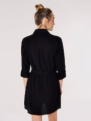 Apricot Black 100% Cotton 2 Pocket Self Tie Shirt Dress - Image 2 of 4