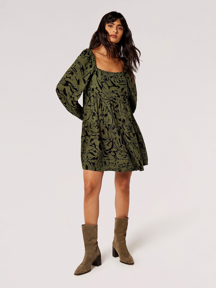 Apricot Green Brushstroke Floral Babydoll Dress - Image 1 of 5 Apricot Green Brushstroke Floral Babydoll Dress - Image 1 of 5