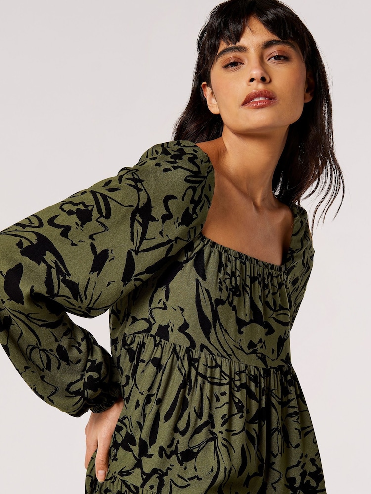 Apricot Green Brushstroke Floral Babydoll Dress - Image 5 of 5 Apricot Green Brushstroke Floral Babydoll Dress - Image 5 of 5