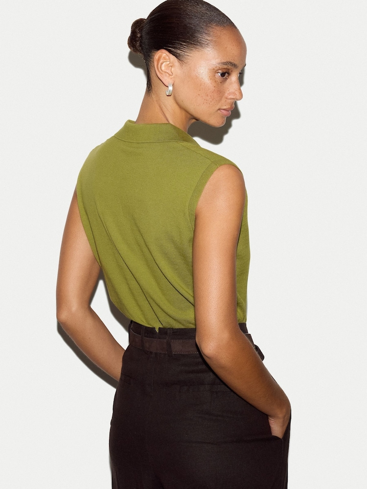 Jigsaw Green Cotton Sleeveless Polo Shirt - Image 4 of 4 Jigsaw Green Cotton Sleeveless Polo Shirt - Image 4 of 4