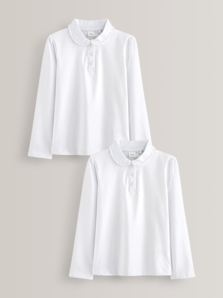Weiß - 2er-Pack Schul-Poloshirts aus Baumwollstretch mit langen Ärmeln und Rüschenkragen (3–14 Jahre) - Bild 1 von 5