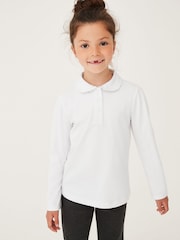 Weiß - 2er-Pack Schul-Poloshirts aus Baumwollstretch mit langen Ärmeln und Rüschenkragen (3–14 Jahre) - Bild 2 von 5