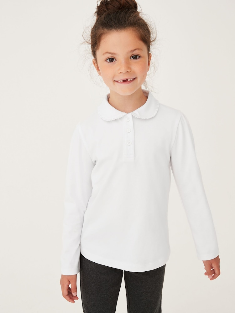 Weiß - 2er-Pack Schul-Poloshirts aus Baumwollstretch mit langen Ärmeln und Rüschenkragen (3–14 Jahre) - Bild 2 von 5