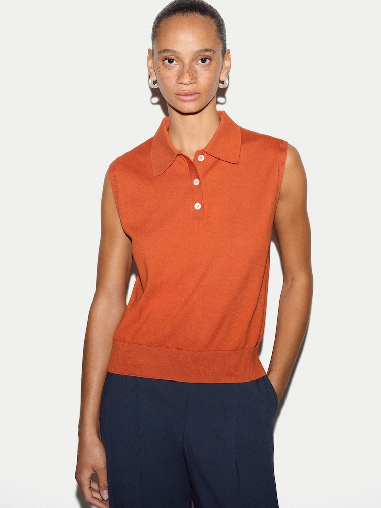 Jigsaw Orange Cotton Sleeveless Polo Shirt - Image 1 of 4 Jigsaw Orange Cotton Sleeveless Polo Shirt - Image 1 of 4