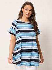 Yours Curve Blue/Black Stripe Ribbed Swing Top - Image 1 of 5