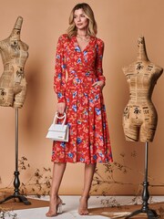 Jolie Moi Red Floral Long Sleeve Mesh Midi Dress - Image 1 of 5