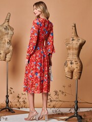 Jolie Moi Red Floral Long Sleeve Mesh Midi Dress - Image 2 of 5
