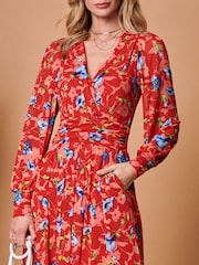 Jolie Moi Red Floral Long Sleeve Mesh Midi Dress - Image 3 of 5
