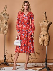 Jolie Moi Red Floral Long Sleeve Mesh Midi Dress - Image 4 of 5