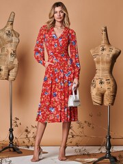 Jolie Moi Red Floral Long Sleeve Mesh Midi Dress - Image 5 of 5
