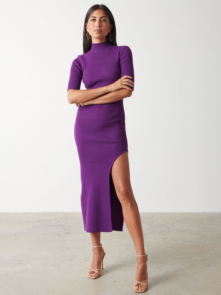 Pretty Lavish Purple Lygia Slit Midaxi Ribbed Knitted Jumper Dress - Image 1 of 3
