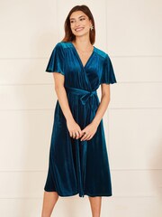 Yumi Blue Wrap Over Midi Dress With Angel Sleeves and Split Hem - Image 1 of 5