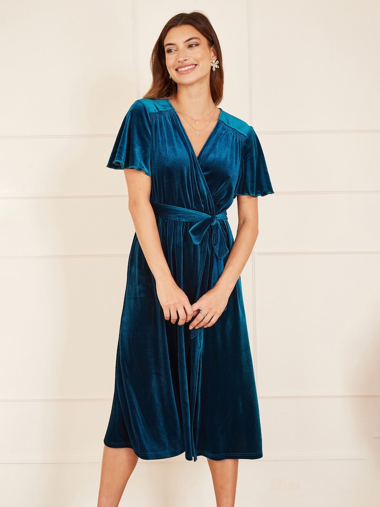 Yumi Blue Wrap Over Midi Dress With Angel Sleeves and Split Hem - Image 1 of 5