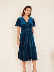 Yumi Blue Wrap Over Midi Dress With Angel Sleeves and Split Hem - Image 3 of 5