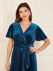 Yumi Blue Wrap Over Midi Dress With Angel Sleeves and Split Hem - Image 4 of 5