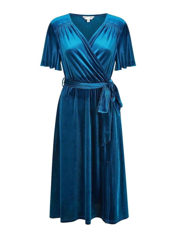 Yumi Blue Wrap Over Midi Dress With Angel Sleeves and Split Hem - Image 5 of 5