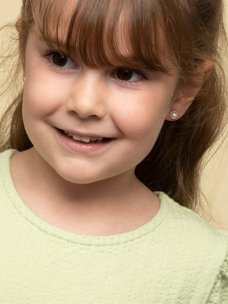 Beaverbrooks Children’s Mini B Silver Freshwater Cultured Pearl Flower Earrings - Image 1 of 3