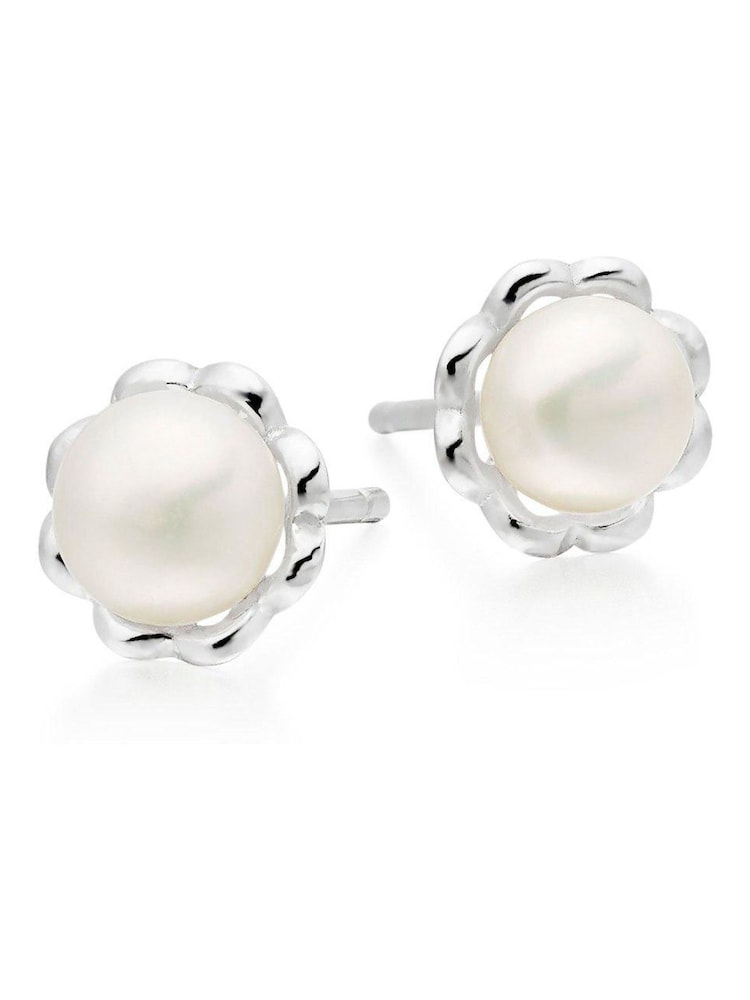 Beaverbrooks Children’s Mini B Silver Freshwater Cultured Pearl Flower Earrings - Image 2 of 3