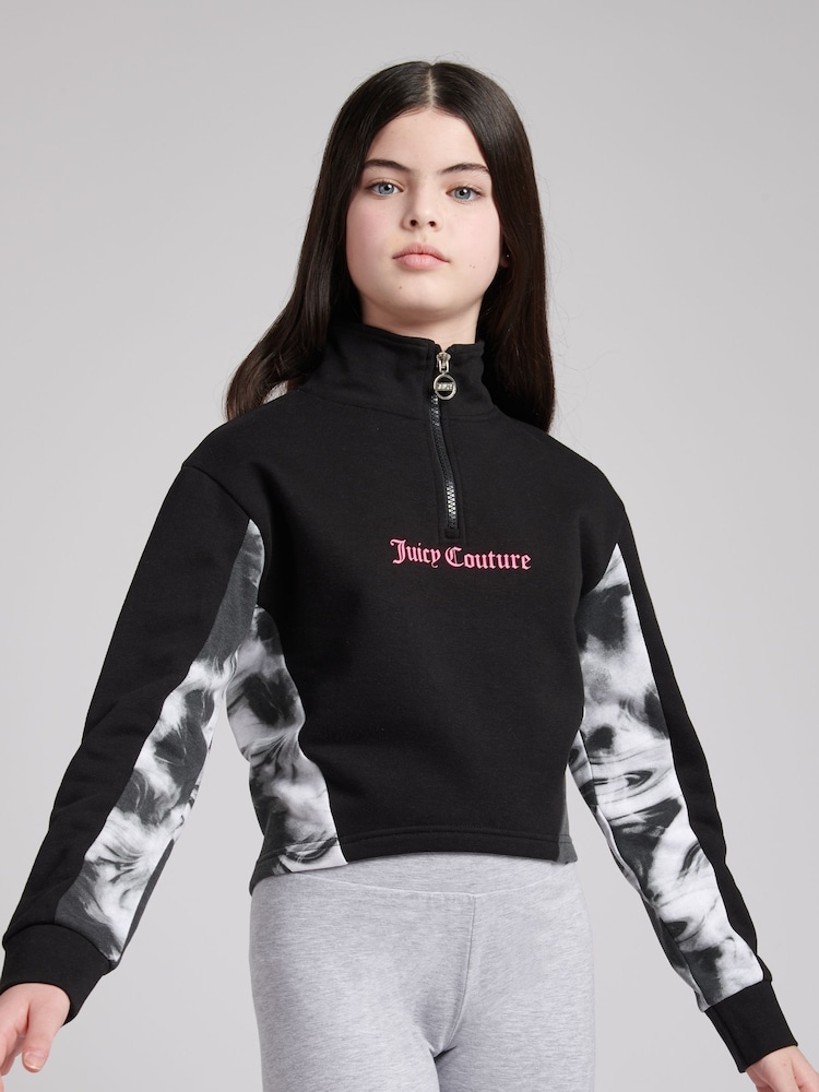 Juicy Couture Black Girls Marble Print Panel 1/4 Zip Sweatshirt - Image 1 of 8