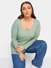 Yours Curve Green Popper Ribbed Long Sleeve Top - Image 1 of 4