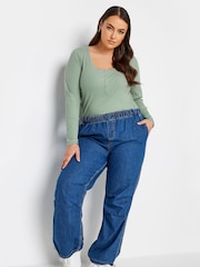 Yours Curve Green Popper Ribbed Long Sleeve Top - Image 3 of 4