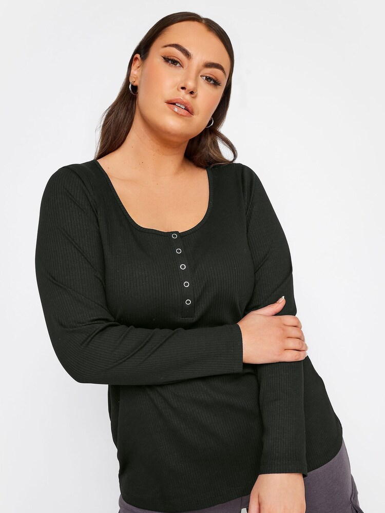 Yours Curve Black Popper Ribbed Long Sleeve Top - Image 1 of 3