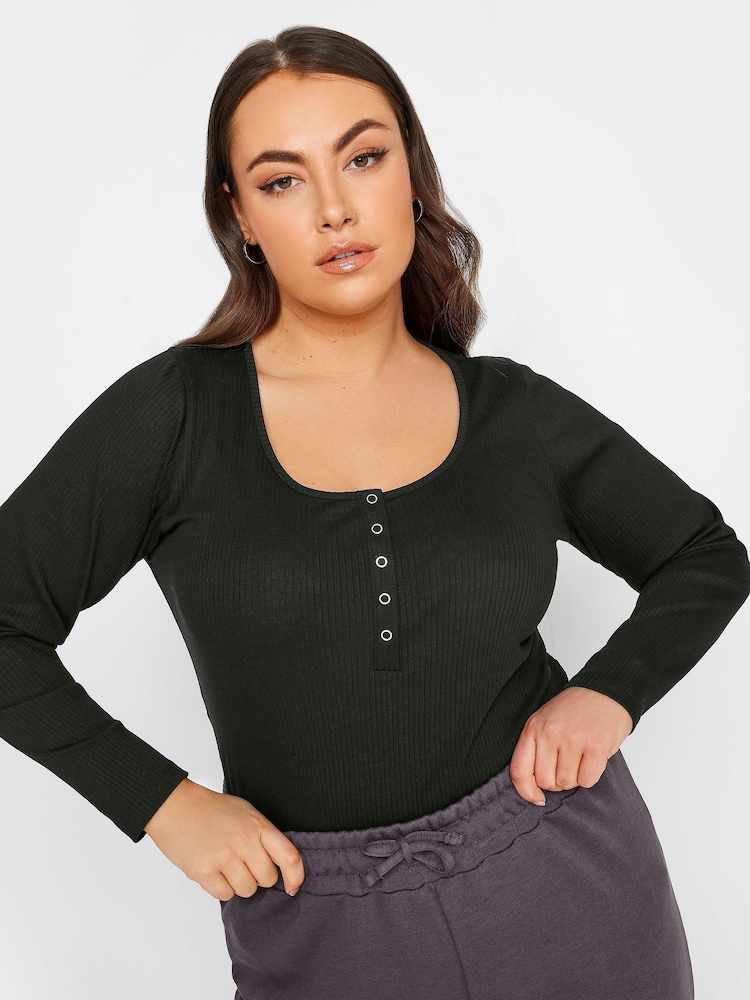 Yours Curve Black Popper Ribbed Long Sleeve Top - Image 3 of 3