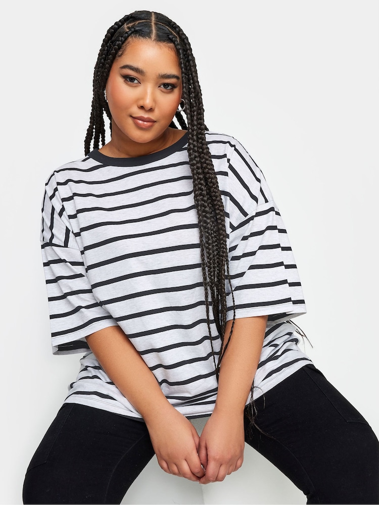 Yours Curve Grey Stripe Boxy T-Shirt - Image 1 of 4