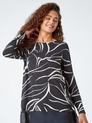 Roman Black Leaf Print Chiffon Hem Stretch Top - Image 1 of 5
