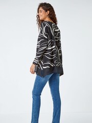 Roman Black Leaf Print Chiffon Hem Stretch Top - Image 2 of 5