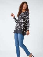 Roman Black Leaf Print Chiffon Hem Stretch Top - Image 3 of 5