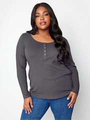Yours Curve Grey Popper Ribbed Long Sleeve Top - Image 1 of 4