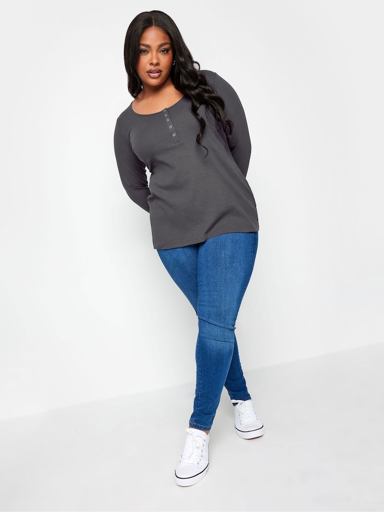 Yours Curve Grey Popper Ribbed Long Sleeve Top - Image 2 of 4