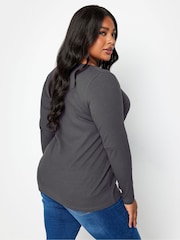 Yours Curve Grey Popper Ribbed Long Sleeve Top - Image 3 of 4