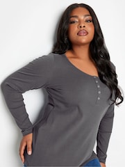 Yours Curve Grey Popper Ribbed Long Sleeve Top - Image 4 of 4