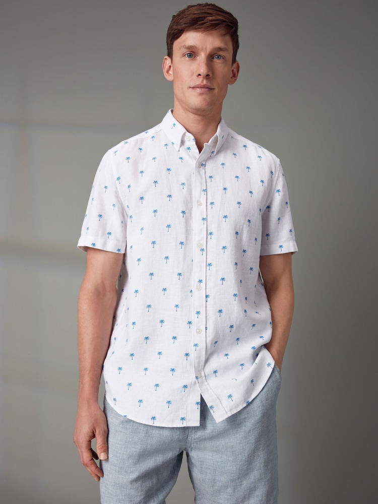 White Linen Blend Printed Short Sleeve Shirt - Image 2 of 8 White Linen Blend Printed Short Sleeve Shirt - Image 2 of 8