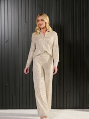 Finding Friday Silver Sequin Wide Leg Trousers - Image 1 of 4