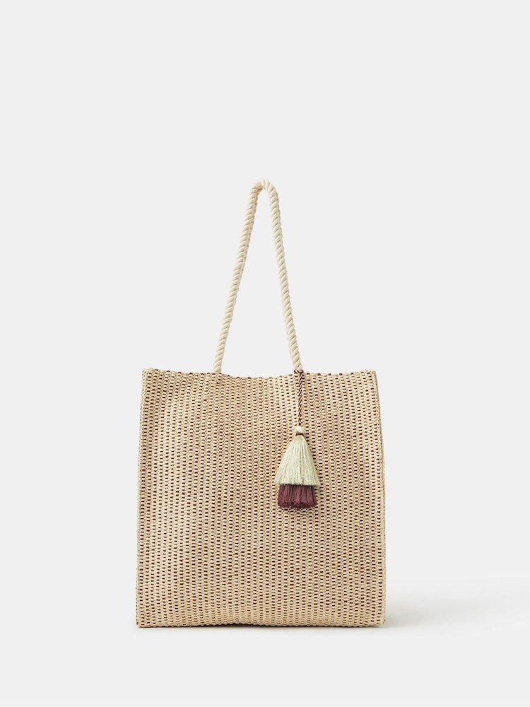 Accessorize Gold Stripe Woven Beach Bag - Image 1 of 3 Accessorize Gold Stripe Woven Beach Bag - Image 1 of 3
