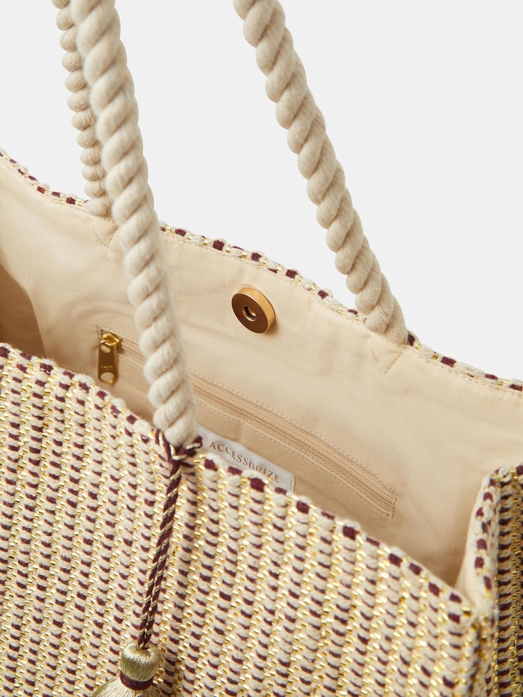 Accessorize Gold Stripe Woven Beach Bag - Image 2 of 3 Accessorize Gold Stripe Woven Beach Bag - Image 2 of 3