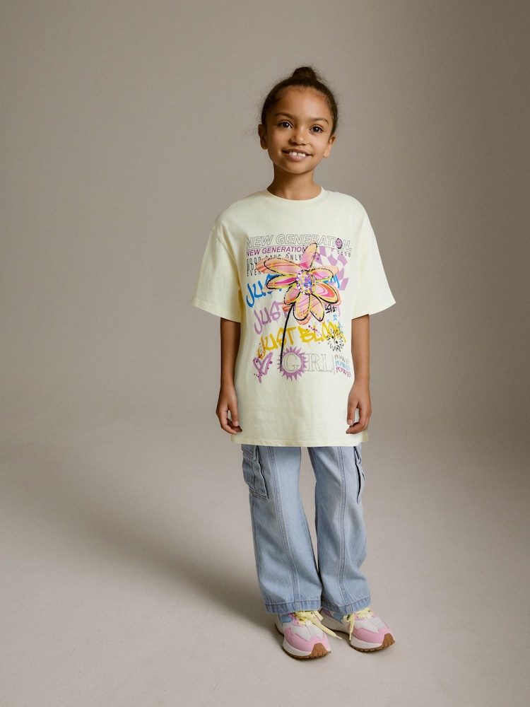 Cream Graffiti Flower Oversized Embellished Graphic T-Shirt (3-16yrs) - Image 1 of 6