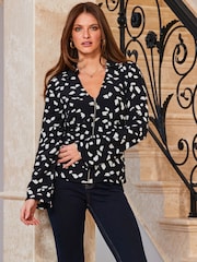 Sosandar Black Fleck Print Zip Front Top - Image 2 of 5