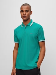 لون أخضر مع حافة ياقة باللون الأخضر - BOSS Pallas 100% Cotton Polo Shirt - صورة 1 من 5