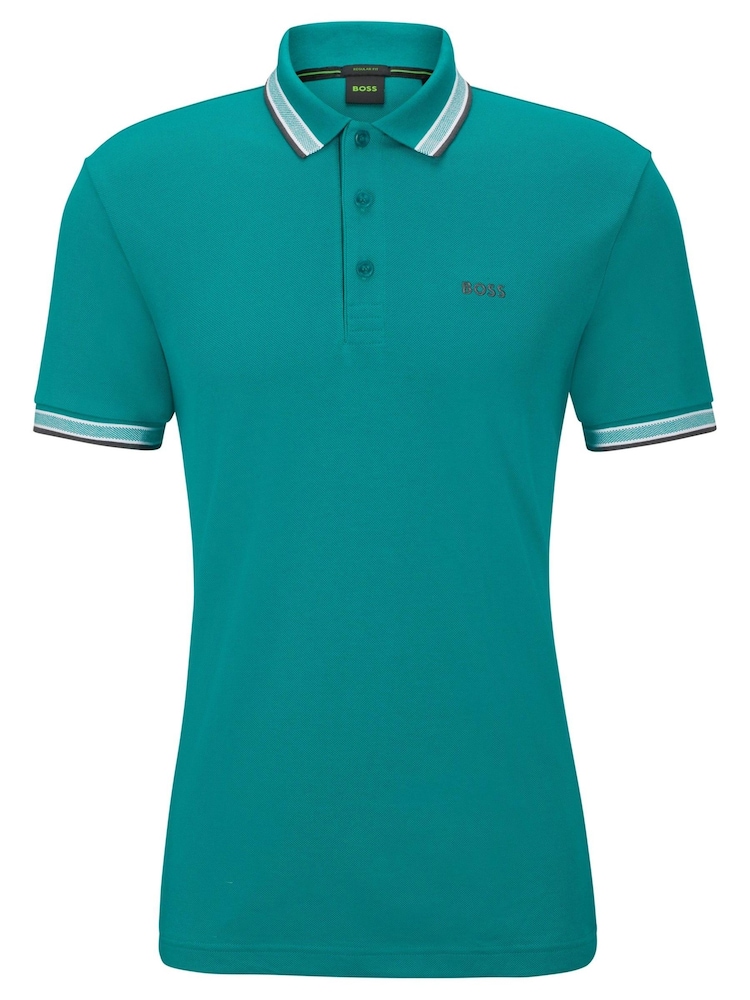 لون أخضر مع حافة ياقة باللون الأخضر - BOSS Pallas 100% Cotton Polo Shirt - صورة 5 من 5