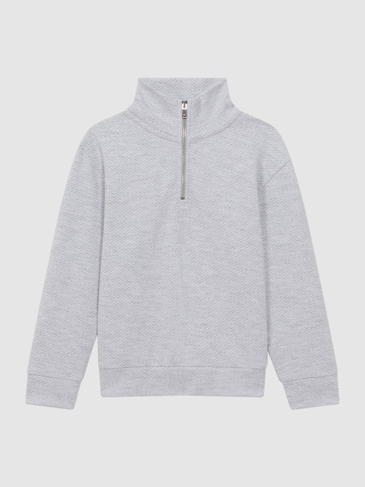 Reiss Soft Grey Bishop 3-9 yrs Textured Half-Zip Funnel Neck Top - Image 2 of 5 Reiss Soft Grey Bishop 3-9 yrs Textured Half-Zip Funnel Neck Top - Image 2 of 5