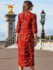 Sosandar Red Chain Print Keyhole Detail Midi Dress - Image 2 of 5