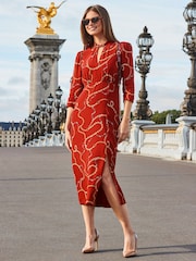 Sosandar Red Chain Print Keyhole Detail Midi Dress - Image 3 of 5