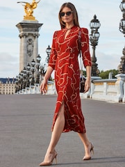 Sosandar Red Chain Print Keyhole Detail Midi Dress - Image 4 of 5