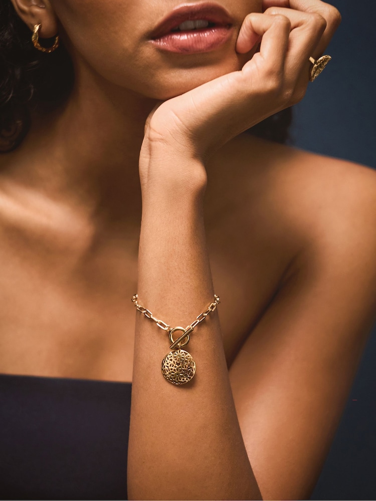 Accessorize Gold 14ct Plated Filigree Charm T-Bar Bracelet - Image 1 of 3 Accessorize Gold 14ct Plated Filigree Charm T-Bar Bracelet - Image 1 of 3
