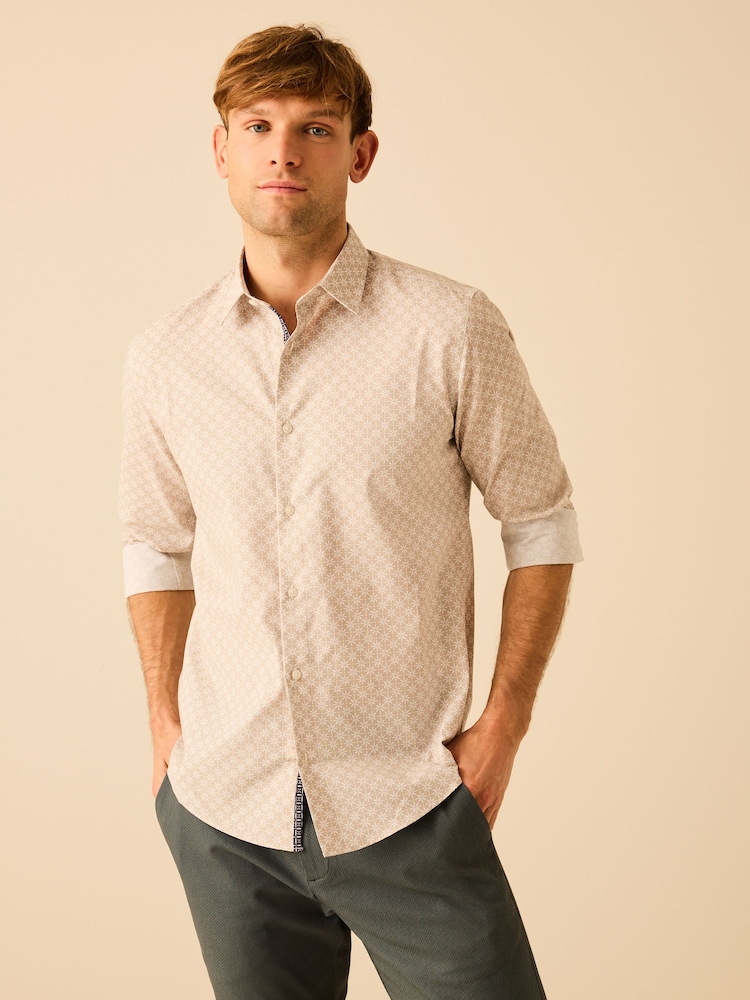 Neutral Brown Geometric Regular Fit Easy Care Printed Shirt - Image 1 of 5