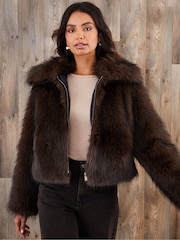 Threadbare Brown Faux Fur Zip Through Coat - Image 1 of 5